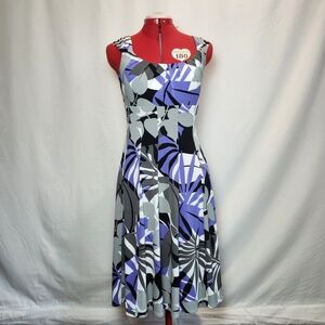London Times Purple and Black Leaf Print Midi Dress